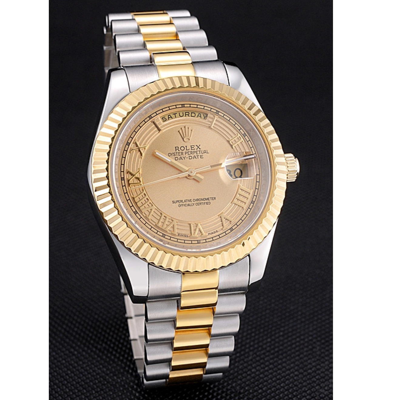 Aaa fake watches Gold Tone Rolex Plated Steel Stainless Day-Date Dial 18k Two Gold 0806